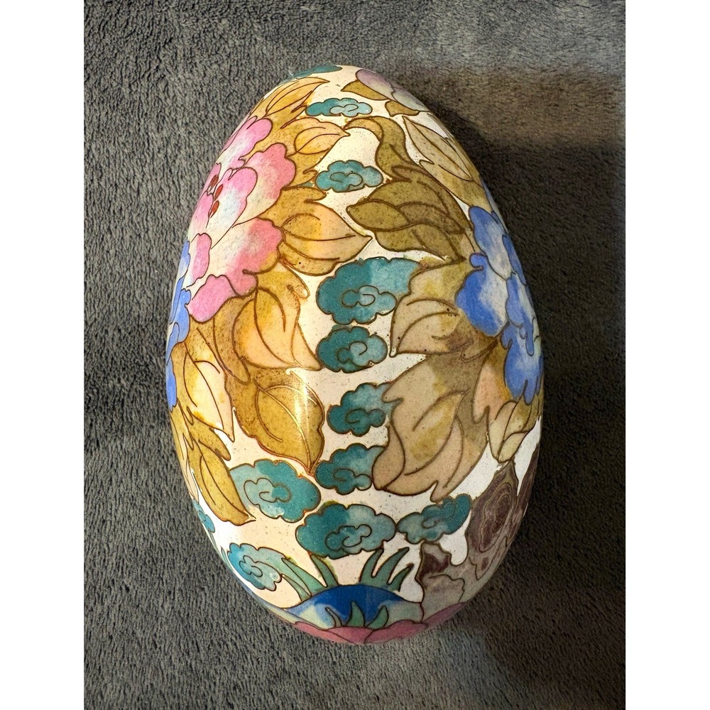 Large Vintage Cloisonné Decorative Egg Blue Bird Peony Floral Enamel Art AS-IS